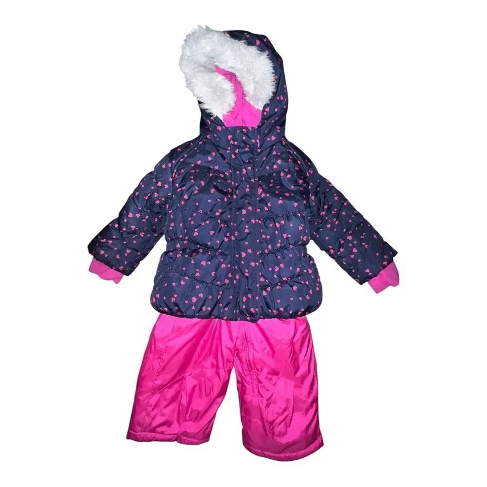 Zeroxposure Baby Girls Cinzia Snowbibs & Coat Set Blue Pink Hearts 12 Months EUC